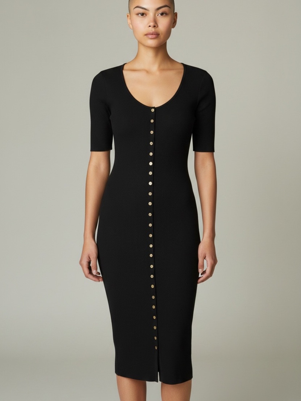 Michael Kors Black Ribbed Button-Front Midi Dress